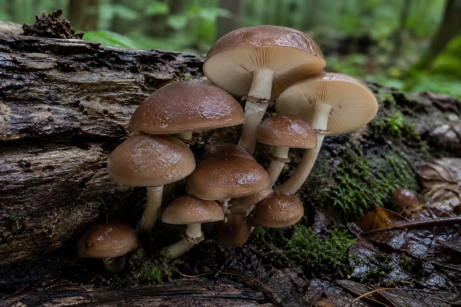 Cluster of brown-capped Pioppino mushrooms growing from a rain-darkened hardwood log