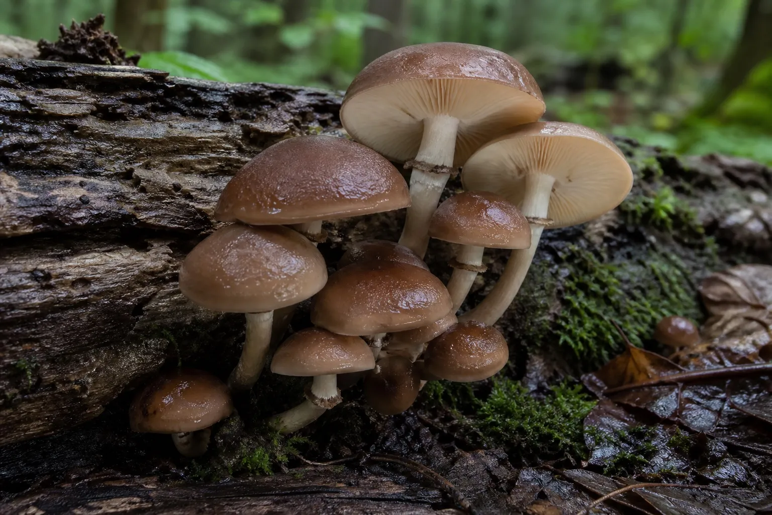 Cluster of brown-capped Pioppino mushrooms growing from a rain-darkened hardwood log