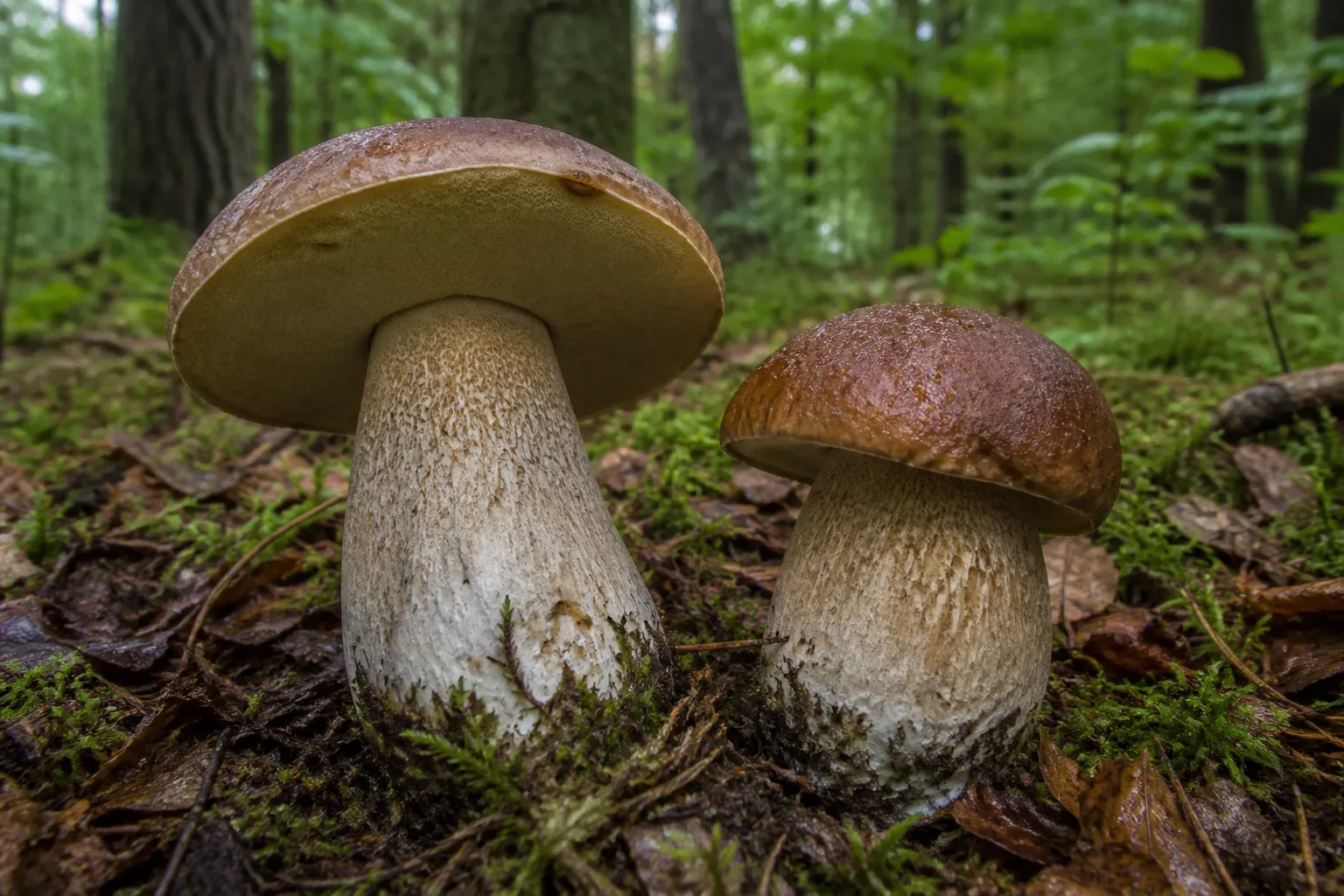 AI editorial image of two brown porcini with pale pore surfaces and thick reticulate stems on a moist woodland floor