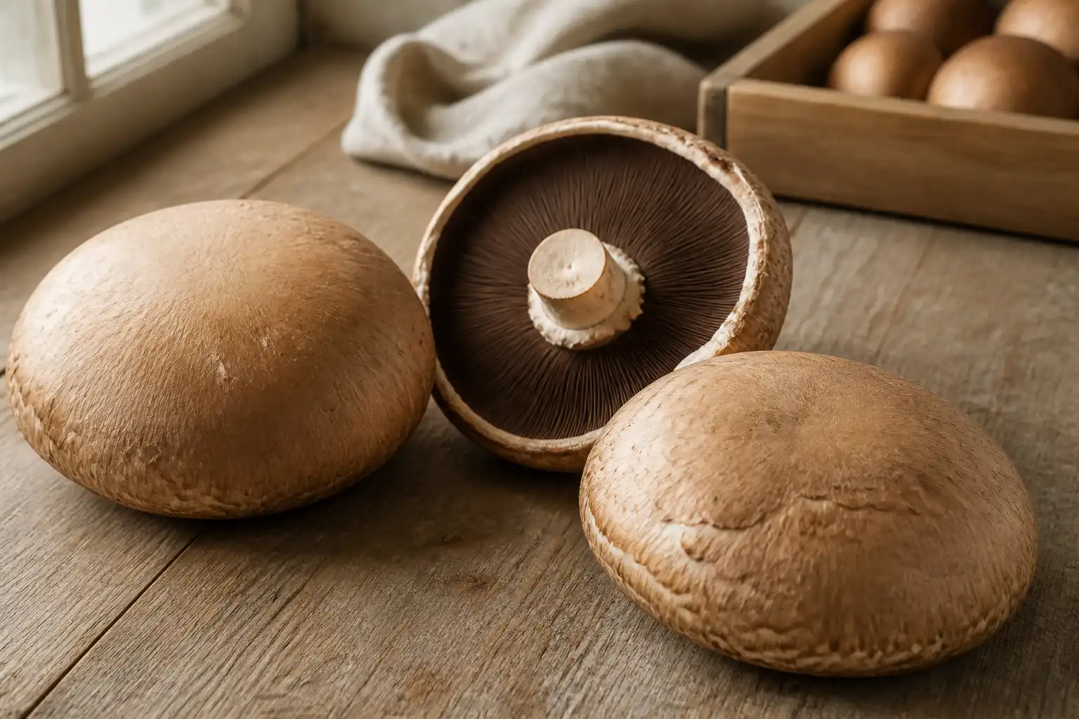 AI editorial image of three fresh mature portobello caps, including one showing dark brown gills, on a kitchen worktable