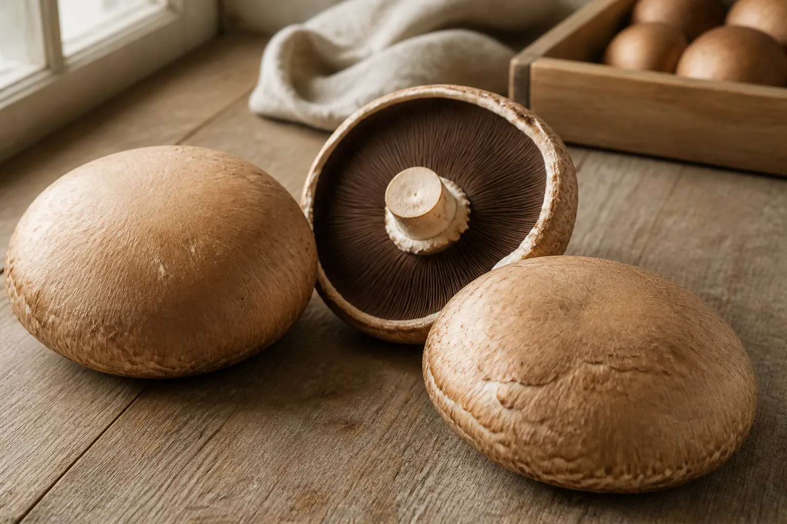 AI editorial image of three fresh mature portobello caps, including one showing dark brown gills, on a kitchen worktable