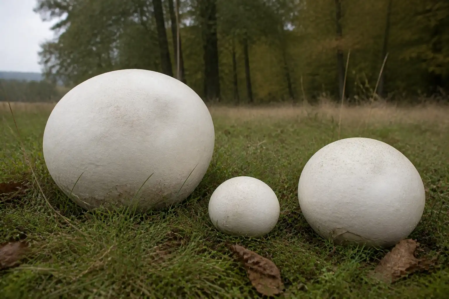Original AI-generated editorial illustration of three smooth white giant puffballs growing in meadow grass beside woodland