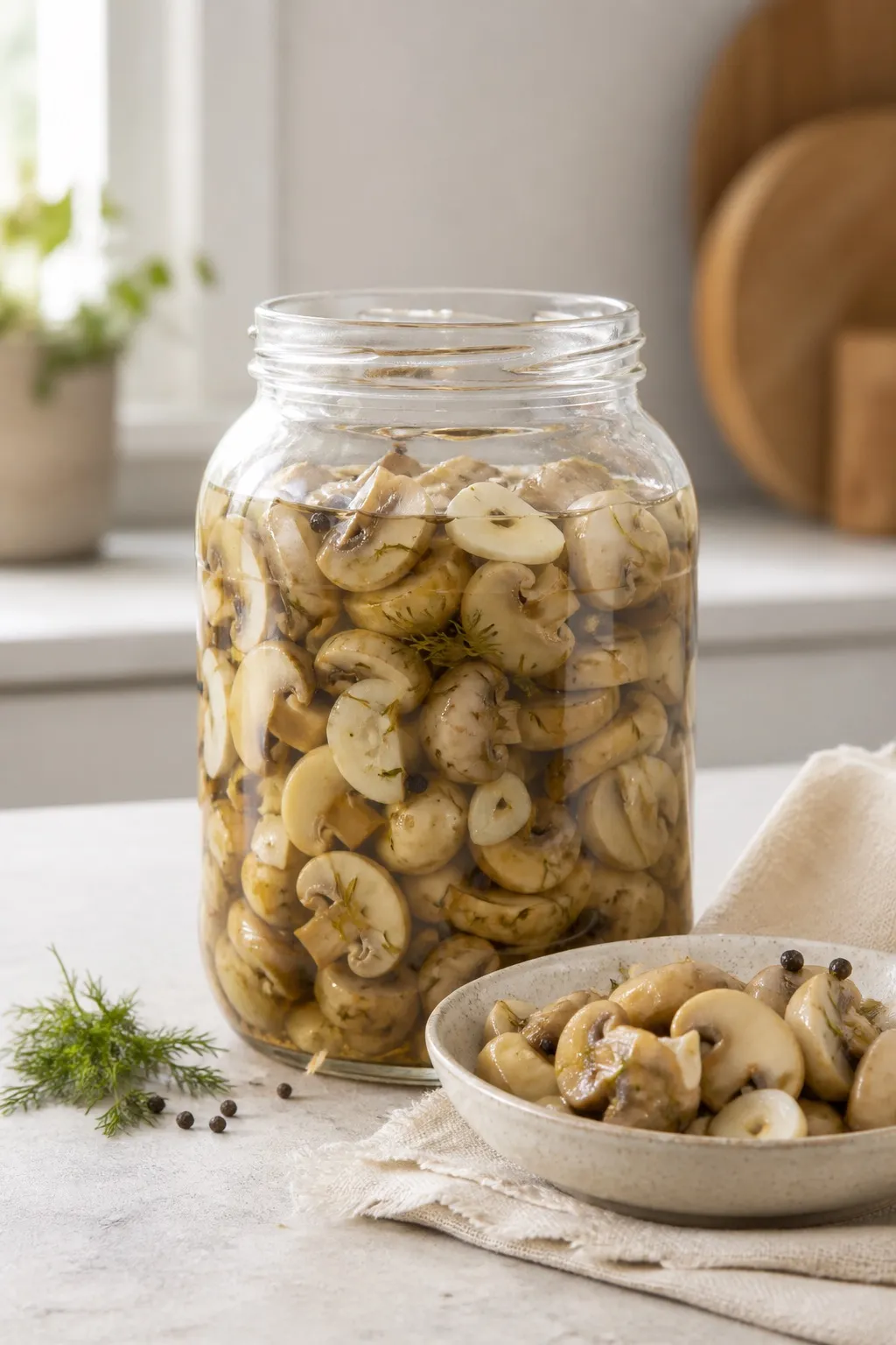 Glass jar of sliced quick pickled button mushrooms with dill, garlic, and peppercorns beside a serving bowl