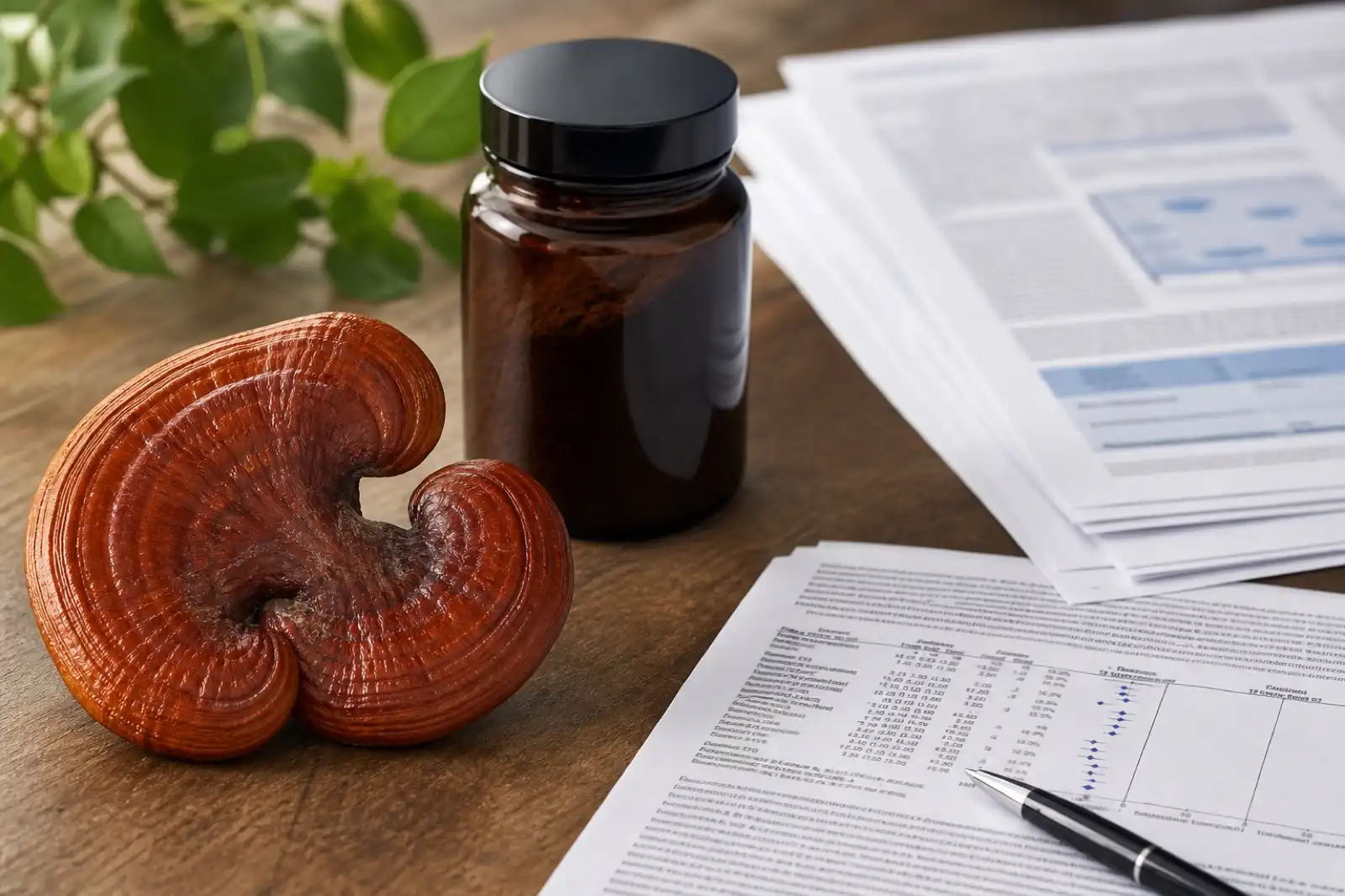 Reishi mushroom and unbranded extract beside scientific review papers