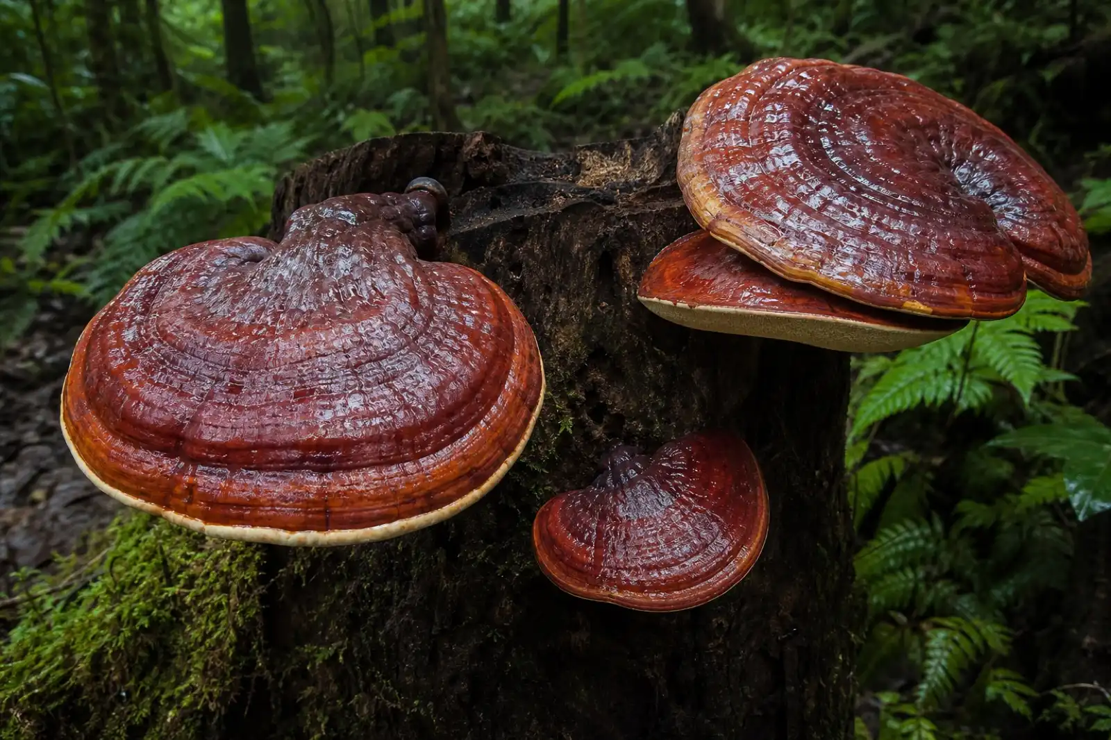 Glossy reddish-brown Ganoderma brackets growing on a decaying hardwood stump