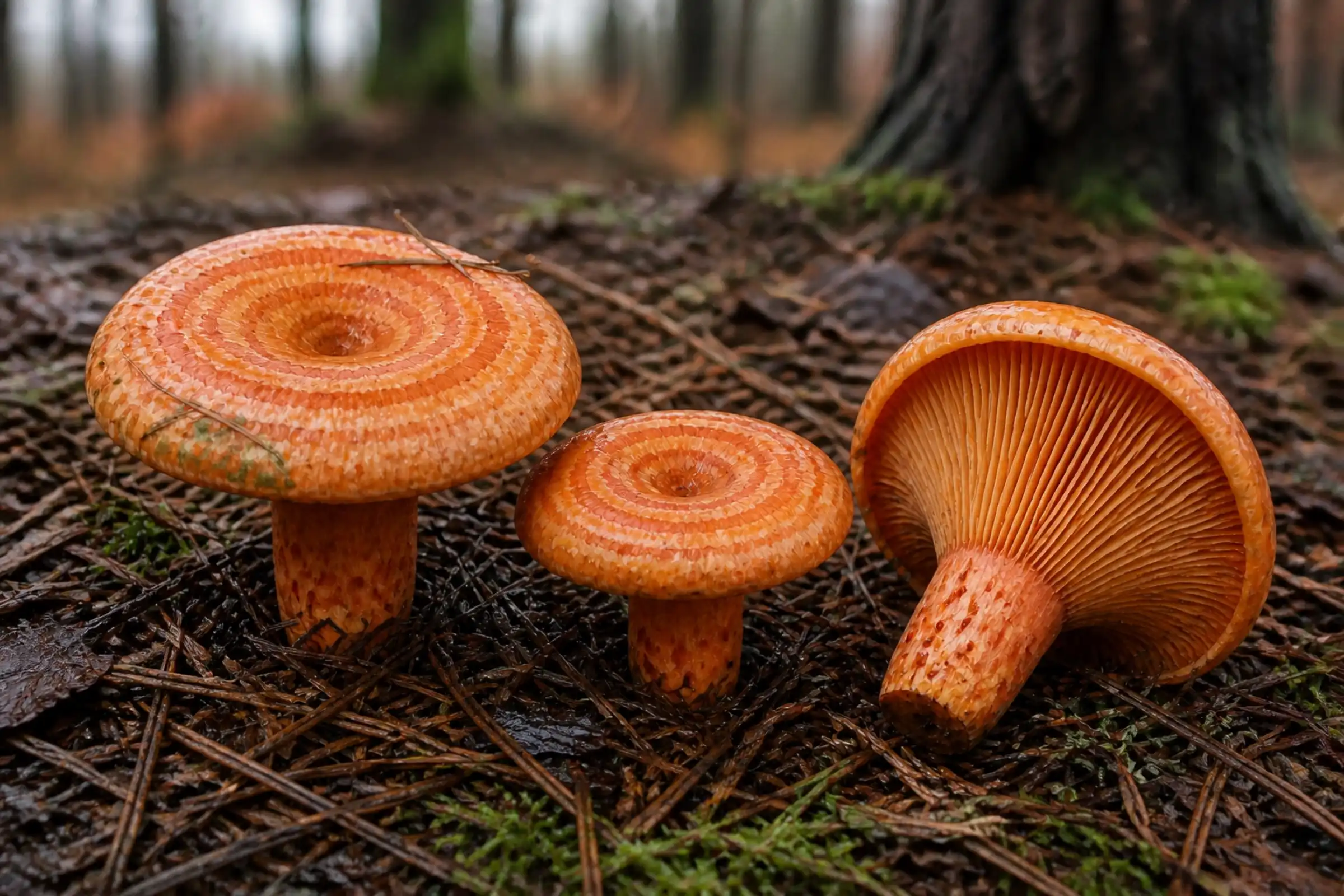 Original AI-generated editorial illustration of saffron milk caps in pine needle litter, showing orange zones and decurrent gills