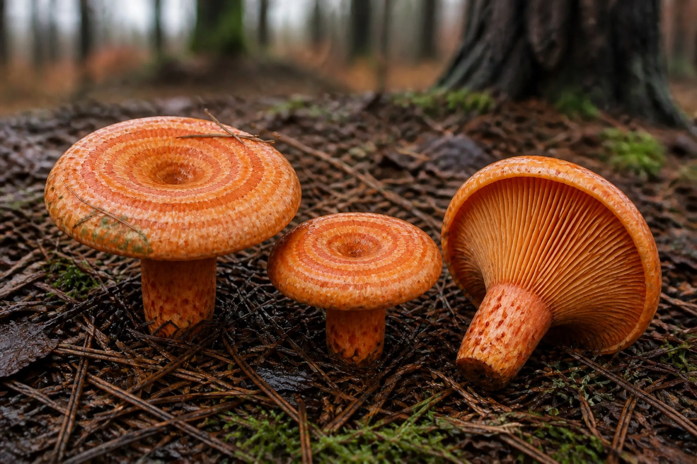 Original AI-generated editorial illustration of saffron milk caps in pine needle litter, showing orange zones and decurrent gills