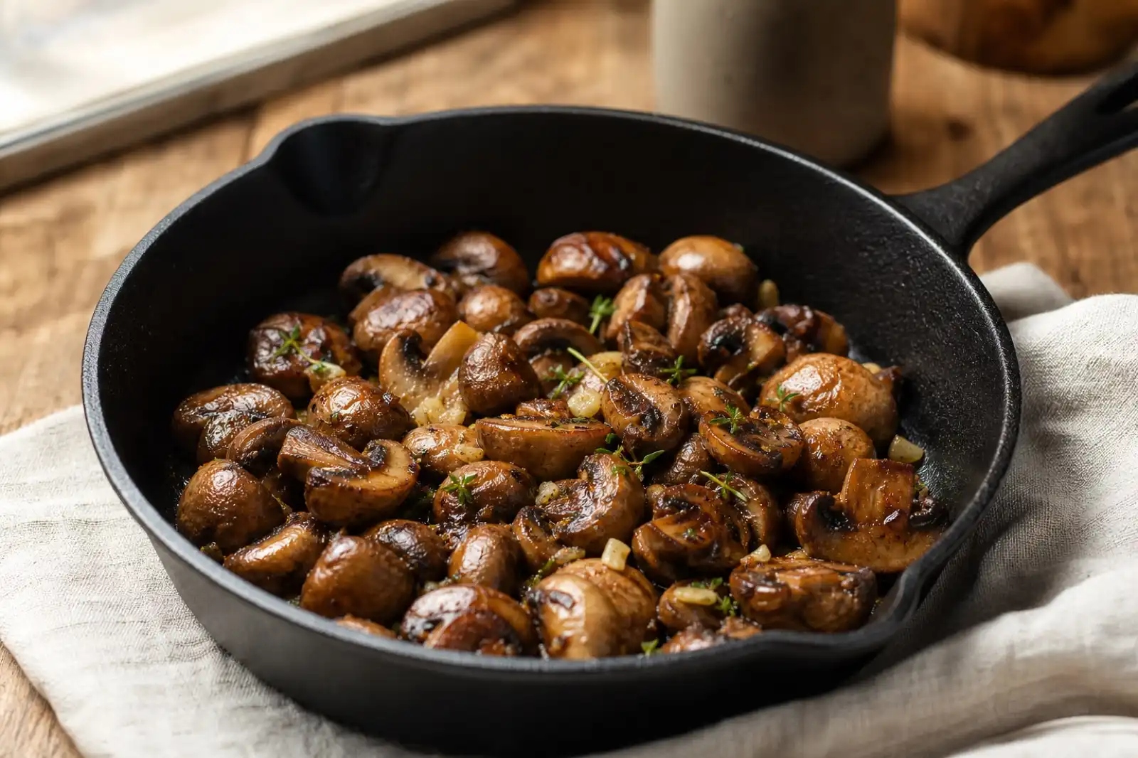 Browned cultivated cremini mushrooms sautéed with garlic, parsley, and thyme in a wide skillet