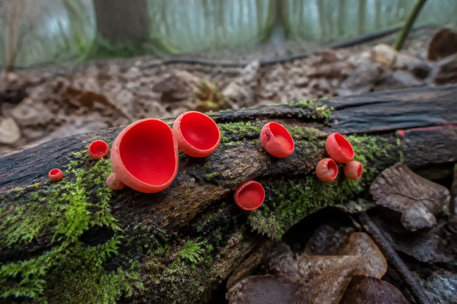 AI editorial image of scarlet red cup fungi attached to a mossy fallen hardwood branch in spring woodland