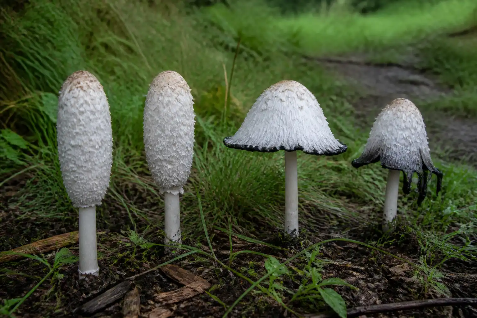 AI editorial illustration of white shaggy mane mushrooms progressing from cylindrical caps to black deliquescent margins