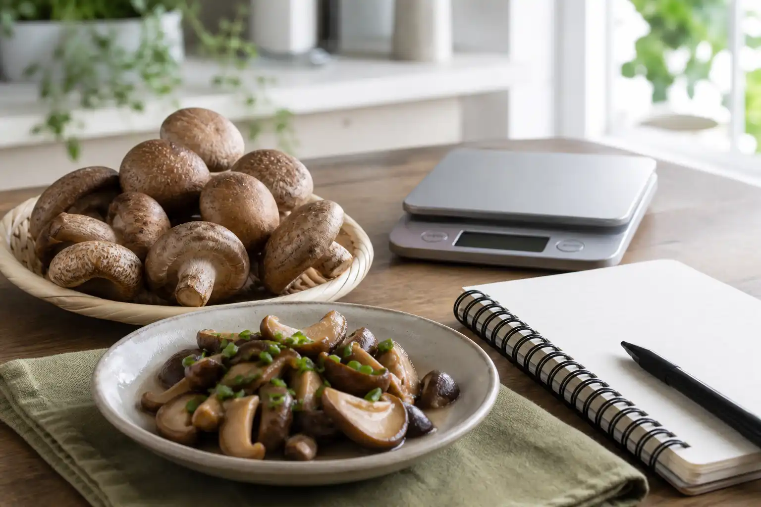 Editorial still life of cooked and dried shiitake beside an evidence-review notebook
