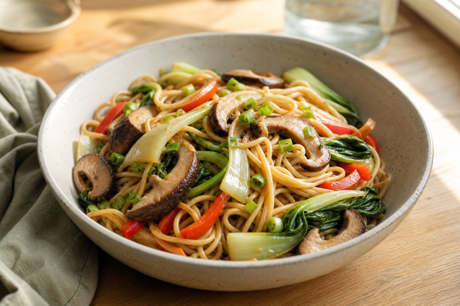 Shiitake noodle stir-fry with bok choy, red pepper, and scallions