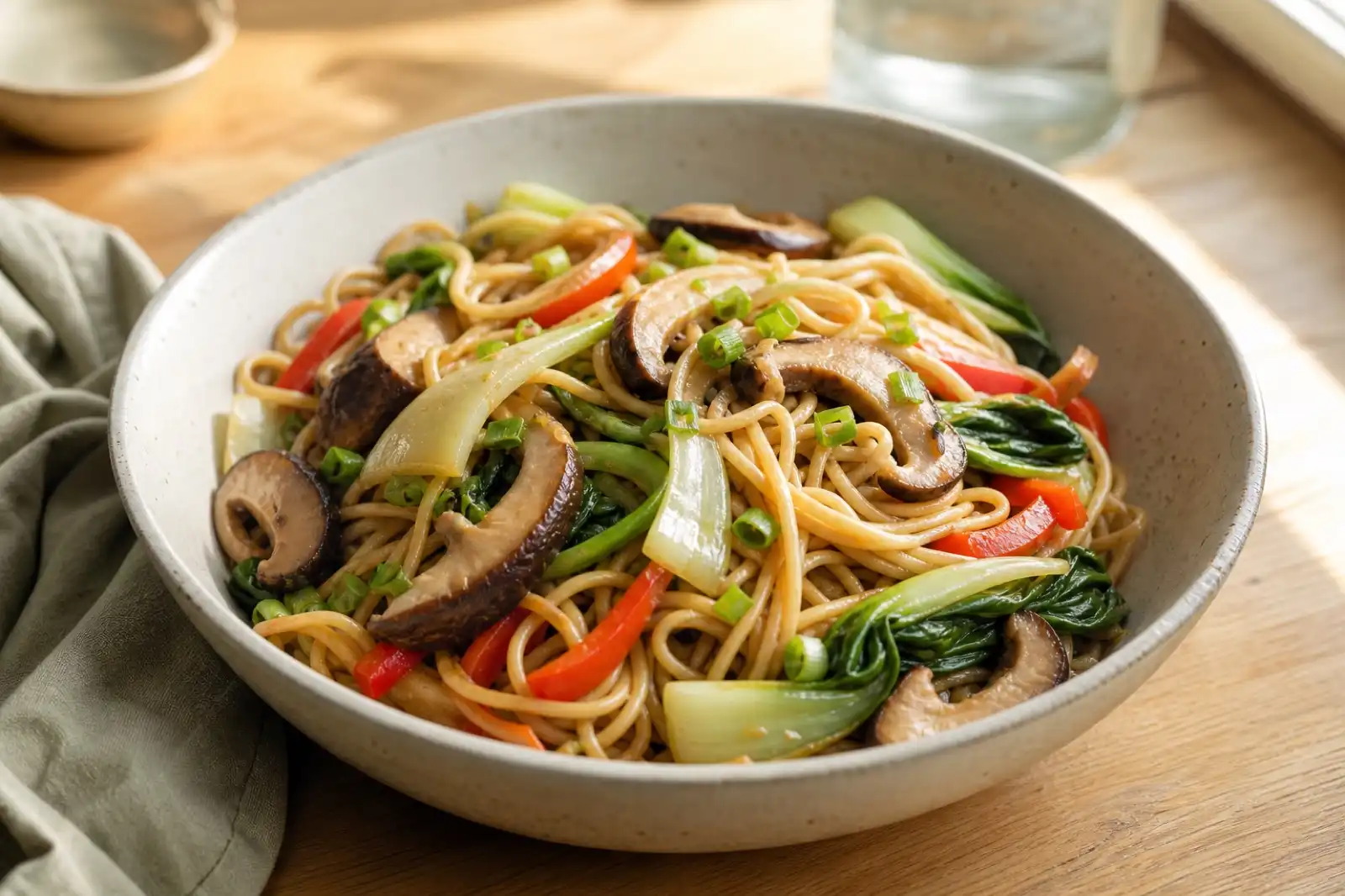 Shiitake noodle stir-fry with bok choy, red pepper, and scallions