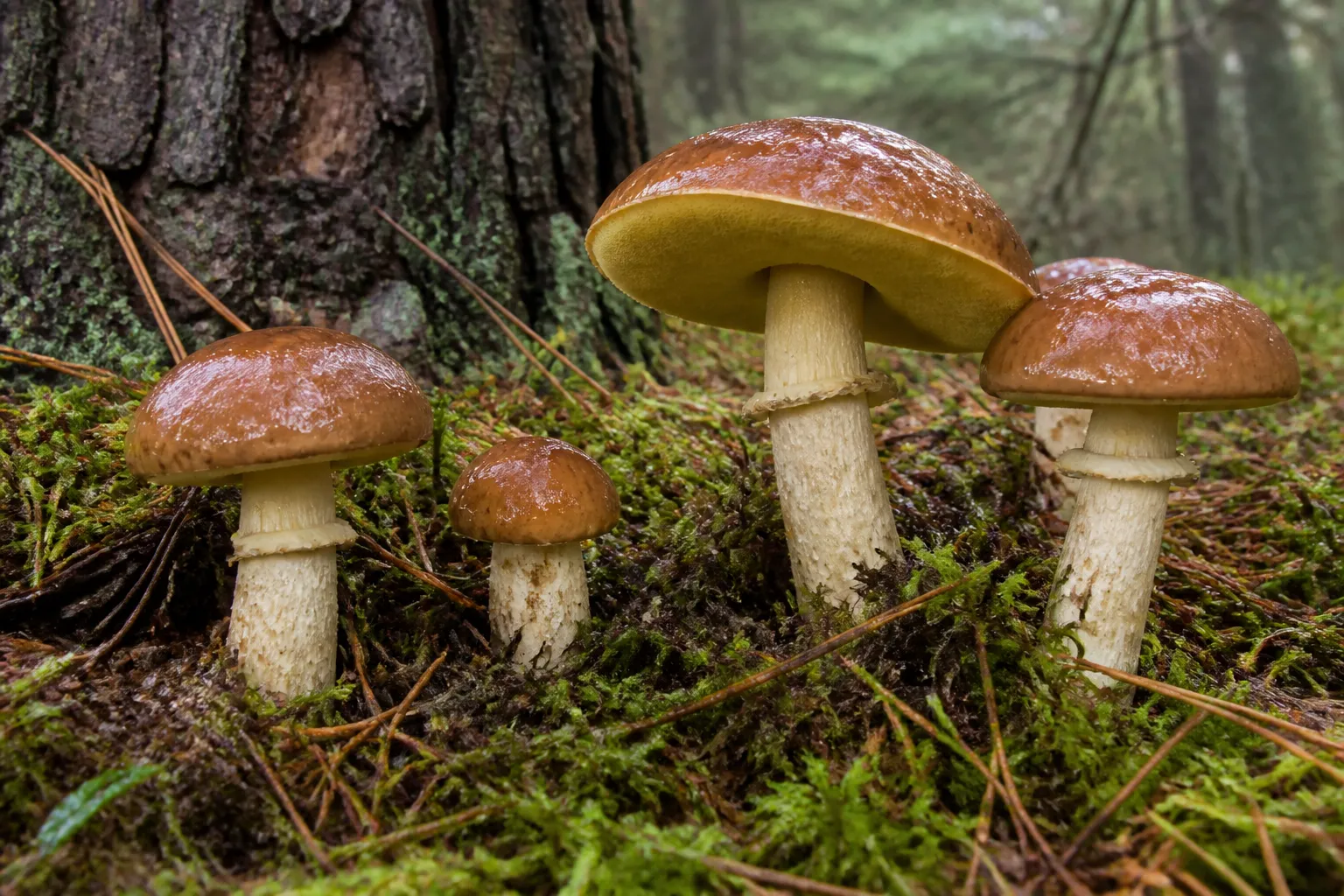 Four glossy brown slippery jack boletes growing upright beneath a pine tree