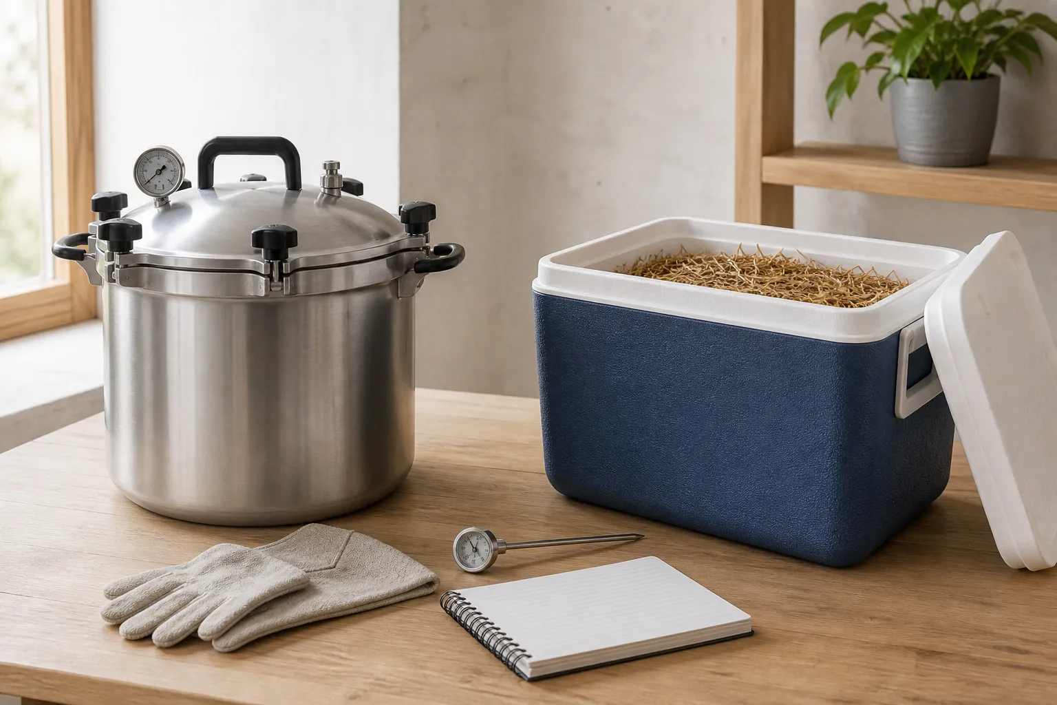 Closed inactive pressure canner beside an open insulated cooler of straw, with gloves, probe thermometer, and blank batch notebook