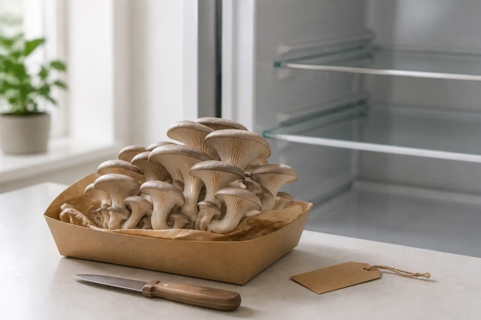 Cultivated oyster mushroom cluster in a shallow paper tray beside a clean harvest knife and open refrigerator