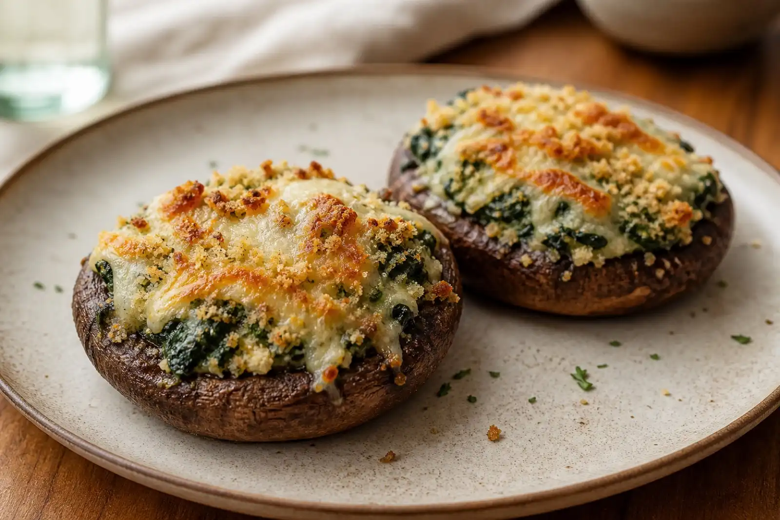 Baked portobello mushrooms stuffed with spinach and a golden crumb topping