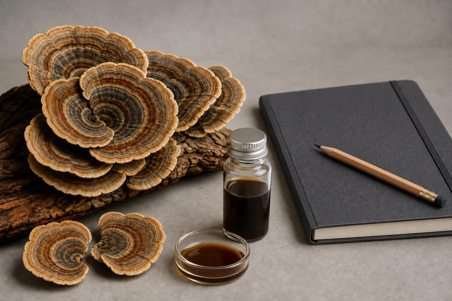 AI-assisted editorial still life of turkey tail brackets, an unbranded extract bottle, and a closed research notebook