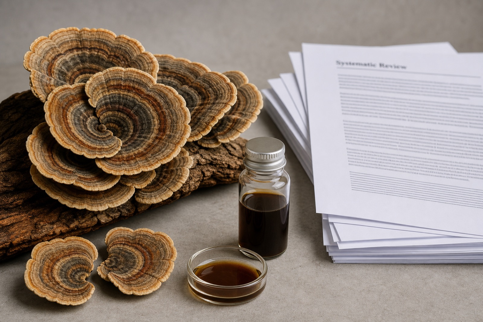 Turkey tail mushroom and unbranded extract beside systematic review papers