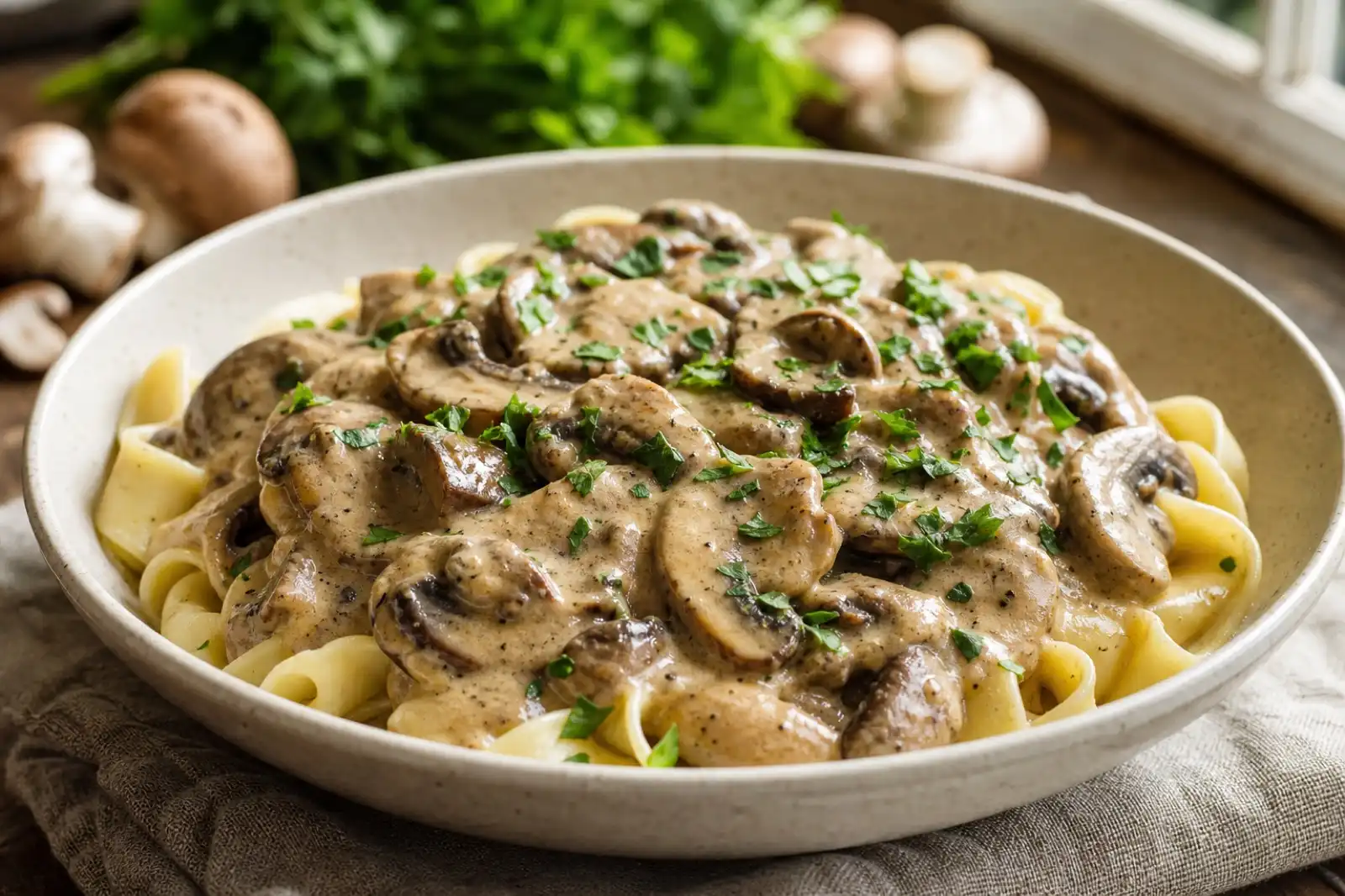 Creamy vegan mushroom stroganoff served over wide noodles