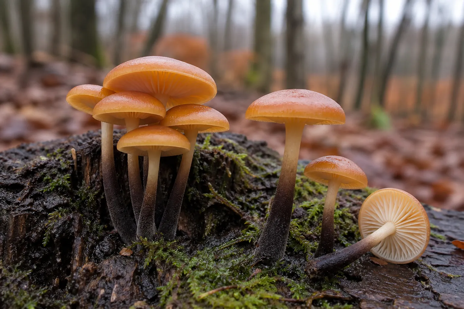 A cluster of amber velvet-shank-like mushrooms on a mossy hardwood stump, with pale gills and dark lower stems