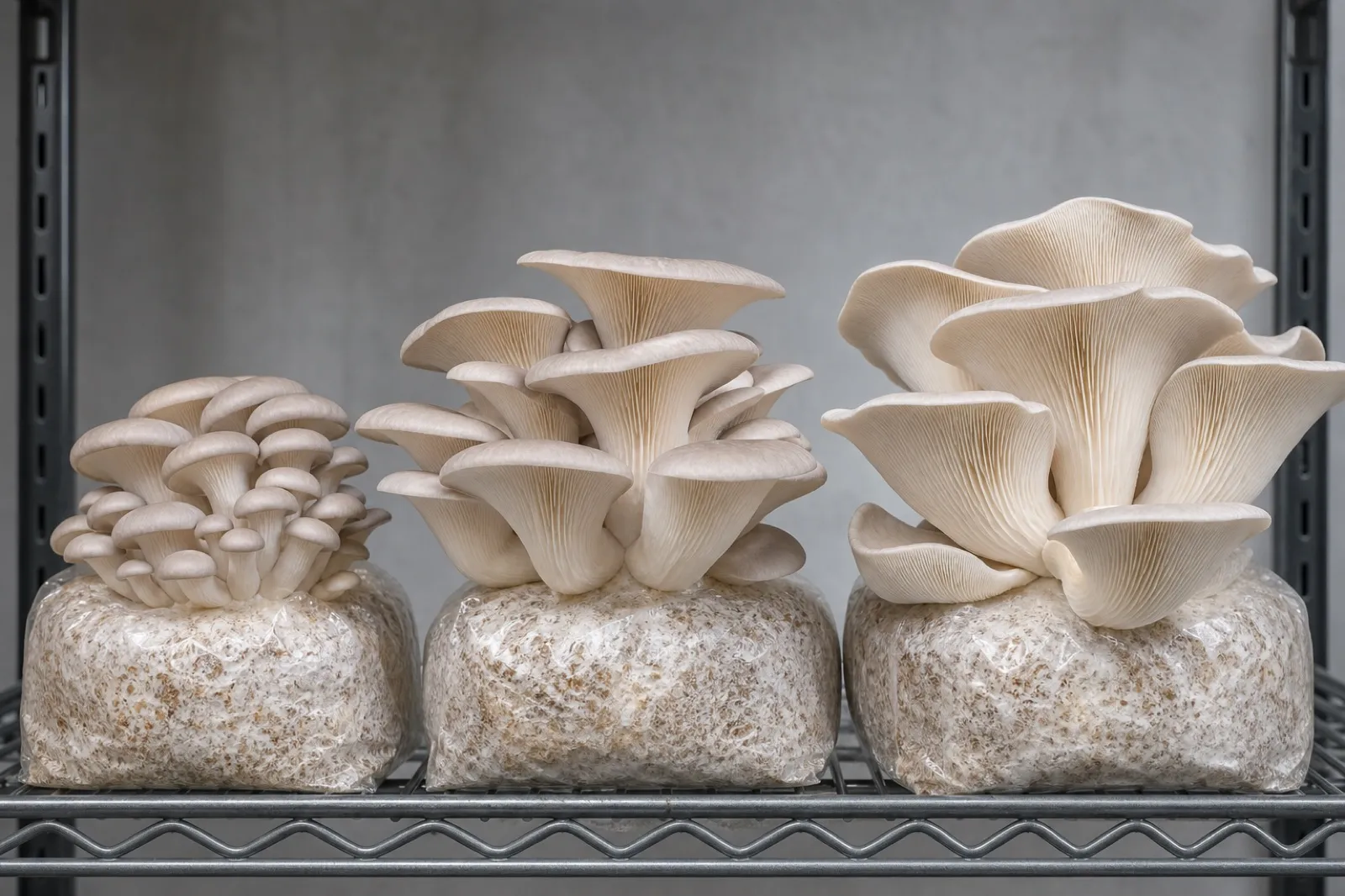 Oyster mushroom clusters shown at three stages of harvest readiness