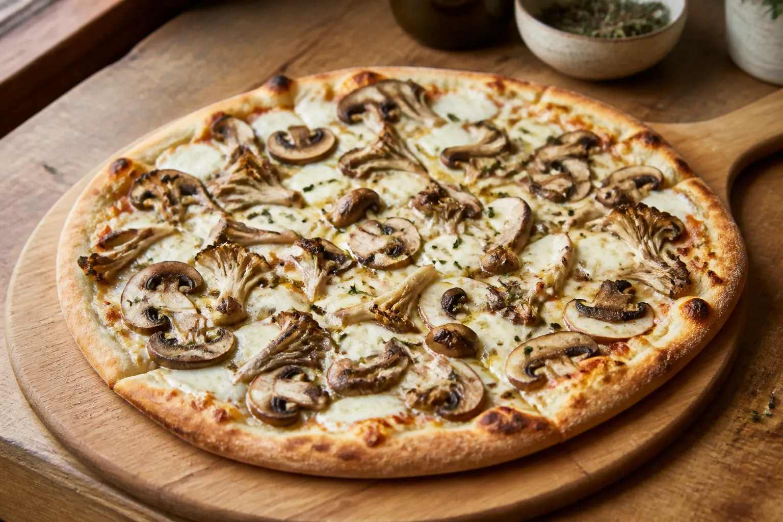 AI editorial illustration of a thin-crust pizza topped with browned cremini, oyster, and maitake mushrooms