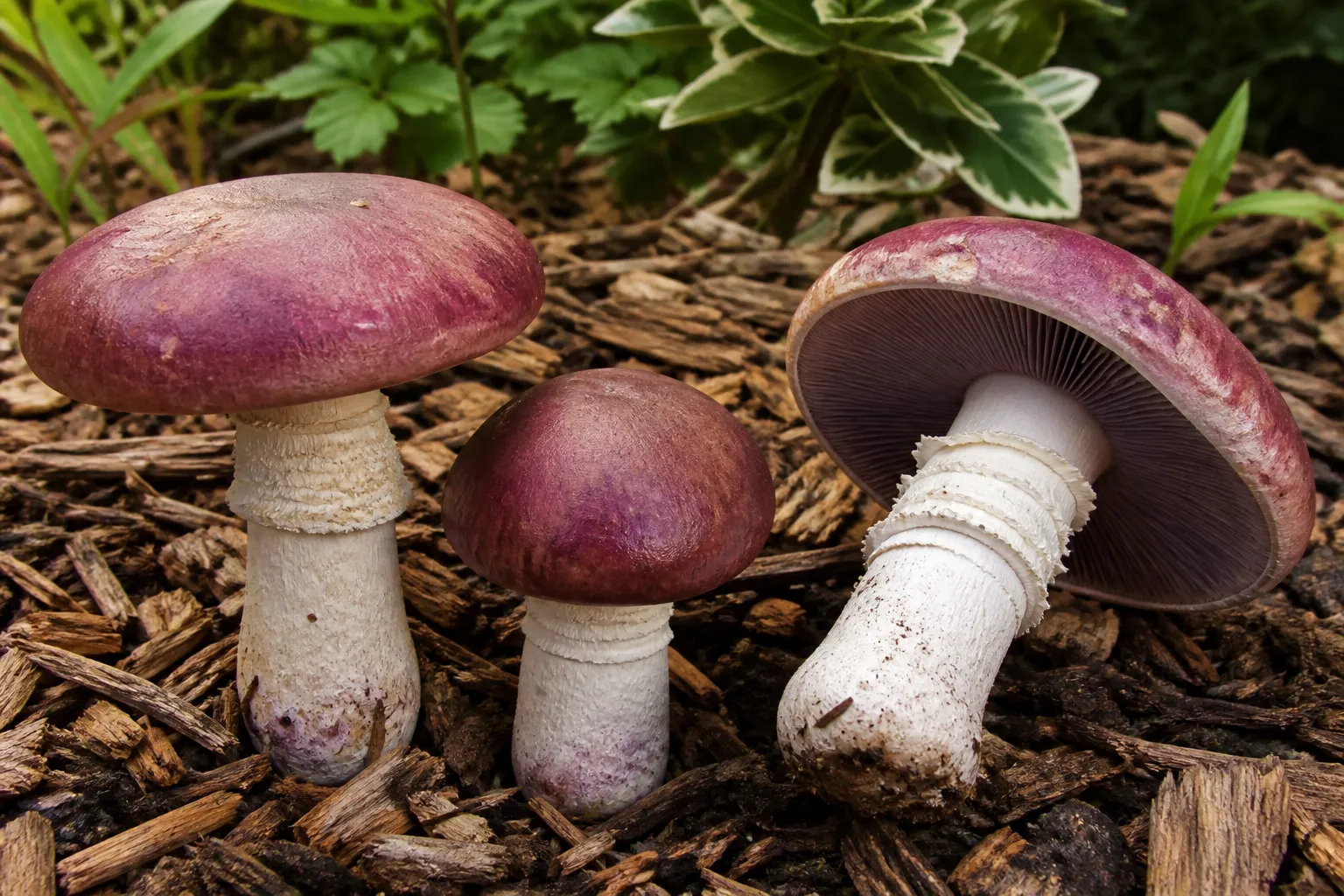 Burgundy wine cap mushrooms with a textured ring growing in a hardwood-chip bed