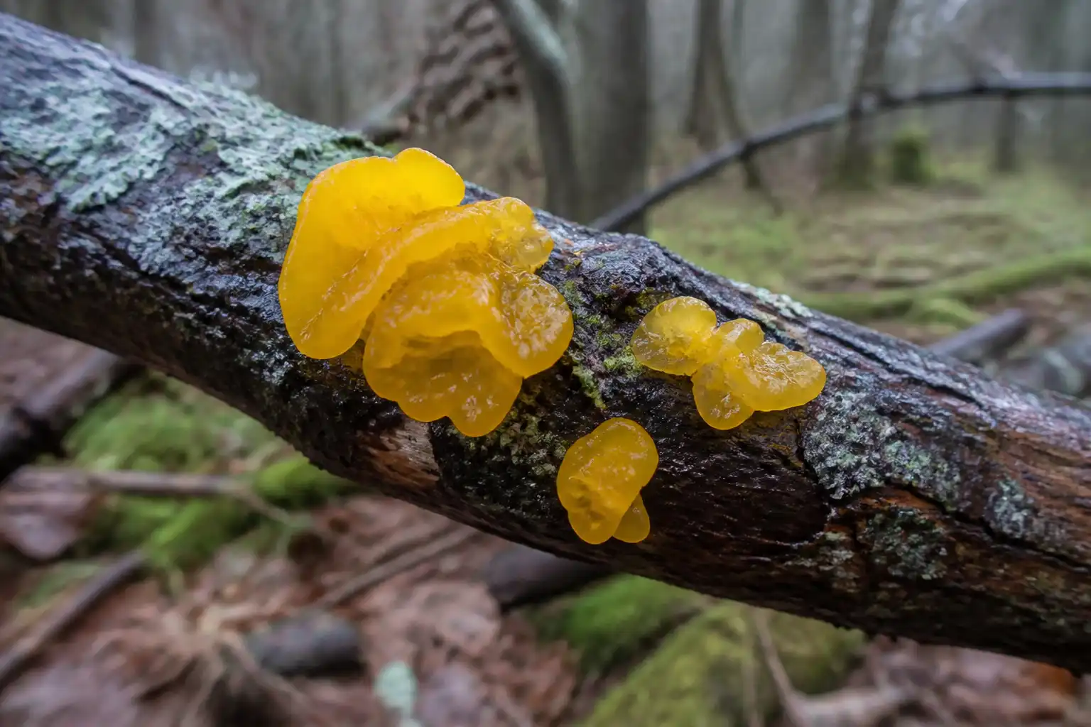 AI editorial image of translucent yellow witch's butter jelly fungus growing from a rain-darkened hardwood branch